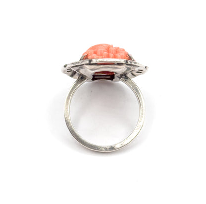 Art Deco Coral Glass & Enamel Floral Ring in Sterling Silver