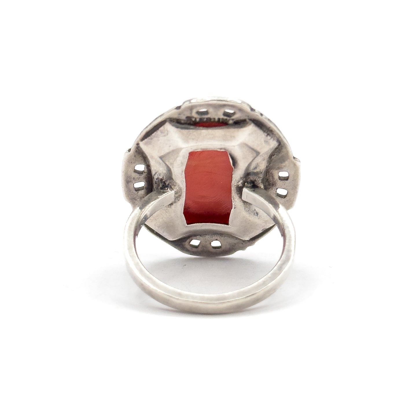 Art Deco Coral Glass & Enamel Floral Ring in Sterling Silver