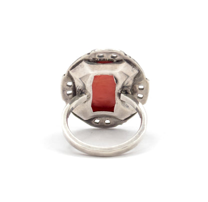 Art Deco Coral Glass & Enamel Floral Ring in Sterling Silver