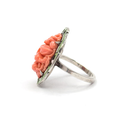 Art Deco Coral Glass & Enamel Floral Ring in Sterling Silver