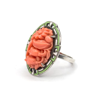 Art Deco Coral Glass & Enamel Floral Ring in Sterling Silver