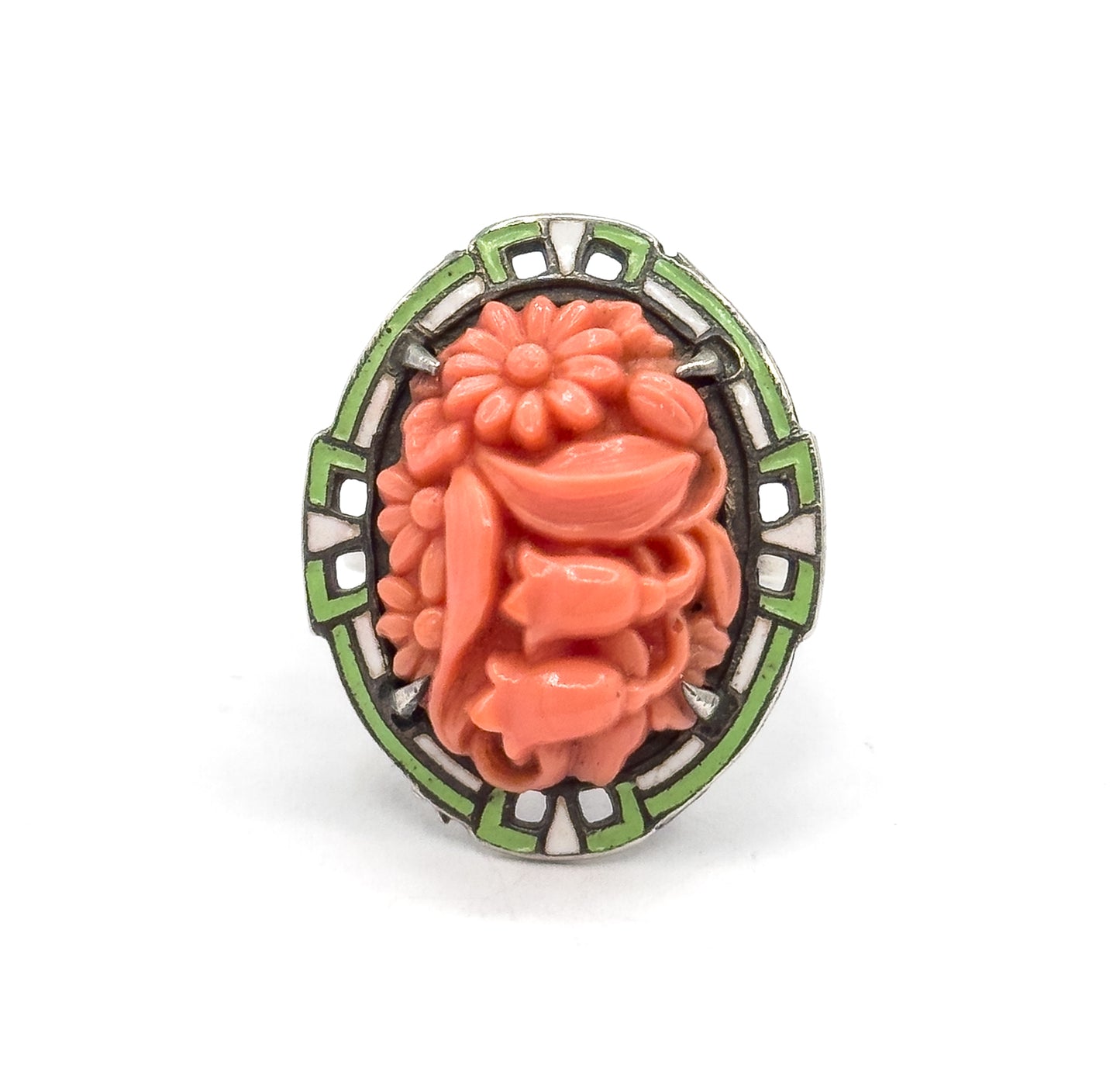 Art Deco Coral Glass & Enamel Floral Ring in Sterling Silver