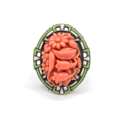 Art Deco Coral Glass & Enamel Floral Ring in Sterling Silver