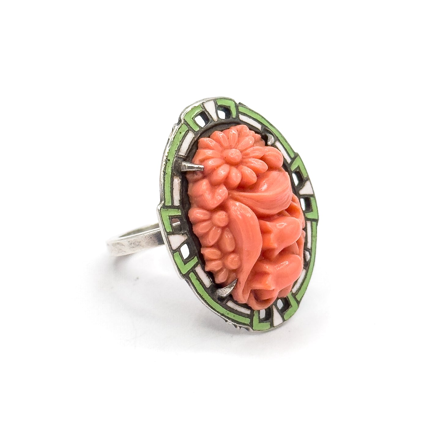 Art Deco Coral Glass & Enamel Floral Ring in Sterling Silver