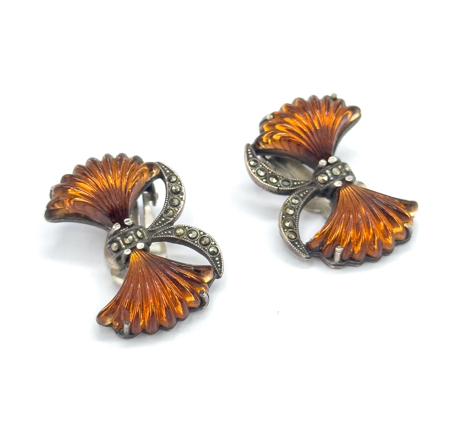 Retro Amber Glass & Marcasite Bow Earrings in 835 Silver
