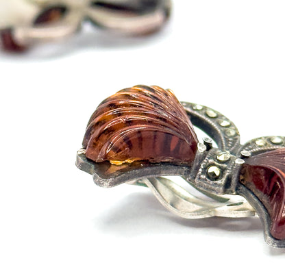 Retro Amber Glass & Marcasite Bow Earrings in 835 Silver