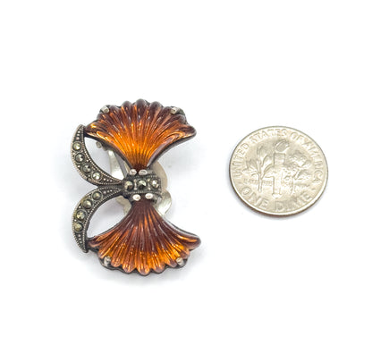 Retro Amber Glass & Marcasite Bow Earrings in 835 Silver