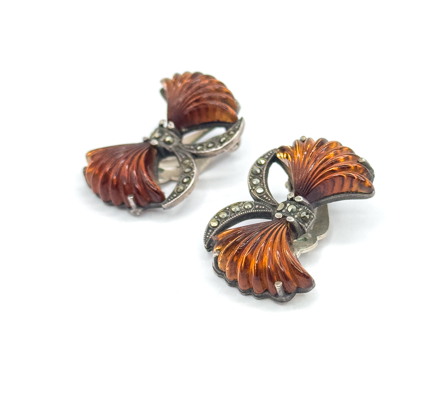 Retro Amber Glass & Marcasite Bow Earrings in 835 Silver
