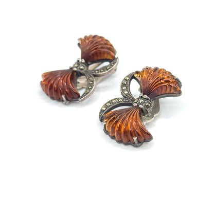 Retro Amber Glass & Marcasite Bow Earrings in 835 Silver