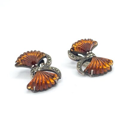 Retro Amber Glass & Marcasite Bow Earrings in 835 Silver