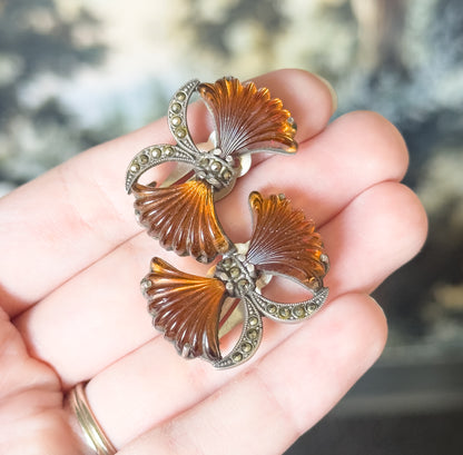 Retro Amber Glass & Marcasite Bow Earrings in 835 Silver