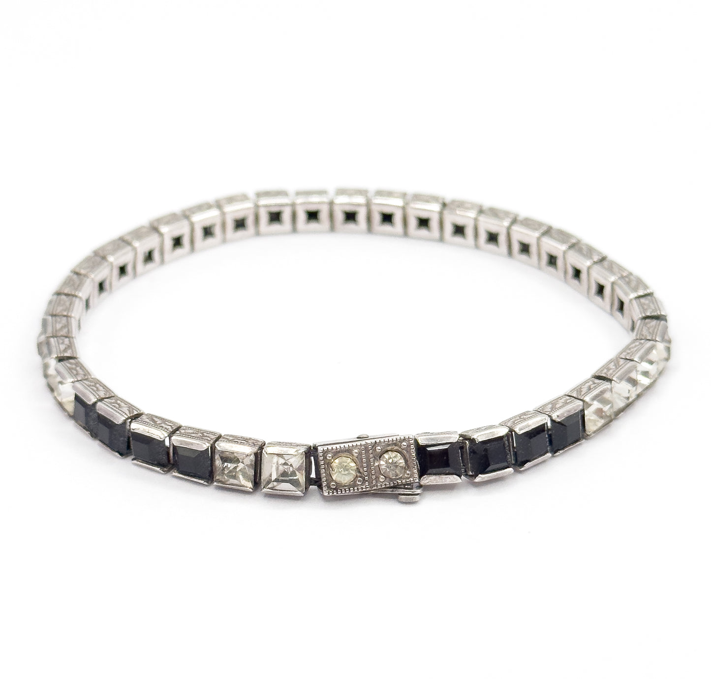 Art Deco Black & Colorless Paste Station Bracelet in Sterling Silver
