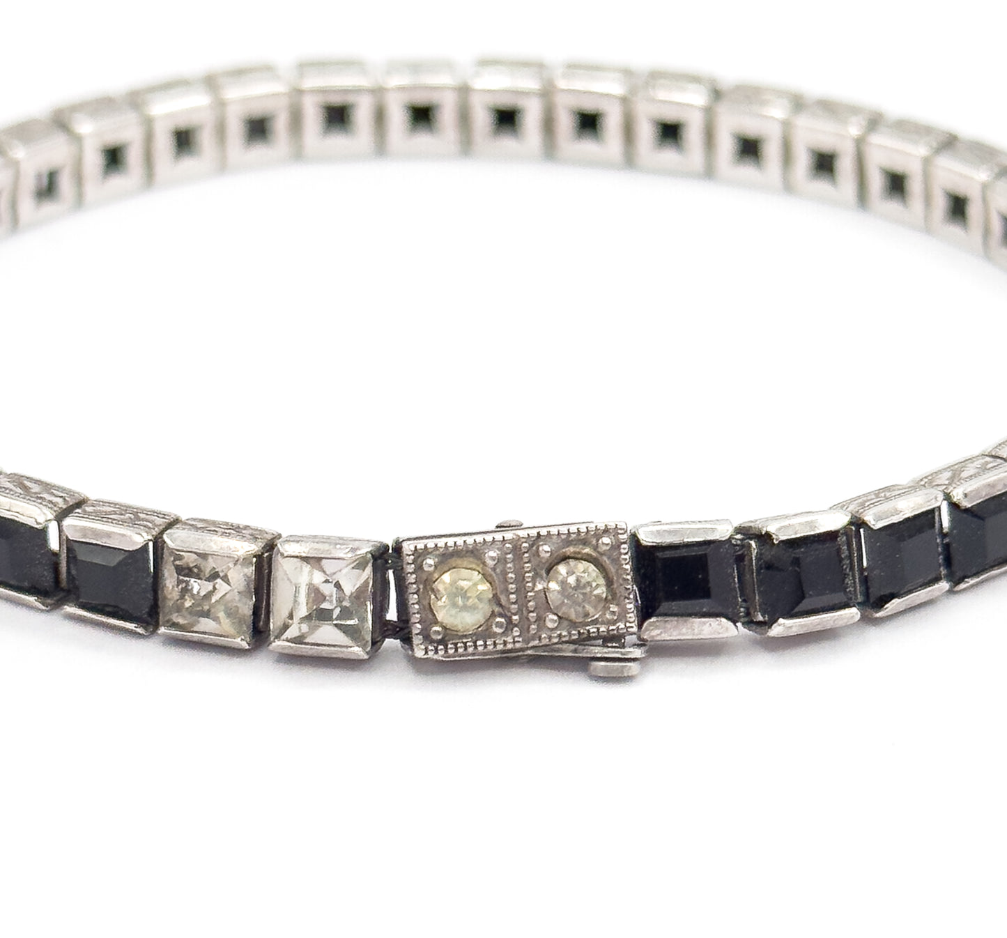 Art Deco Black & Colorless Paste Station Bracelet in Sterling Silver