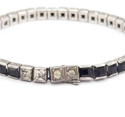 Art Deco Black & Colorless Paste Station Bracelet in Sterling Silver