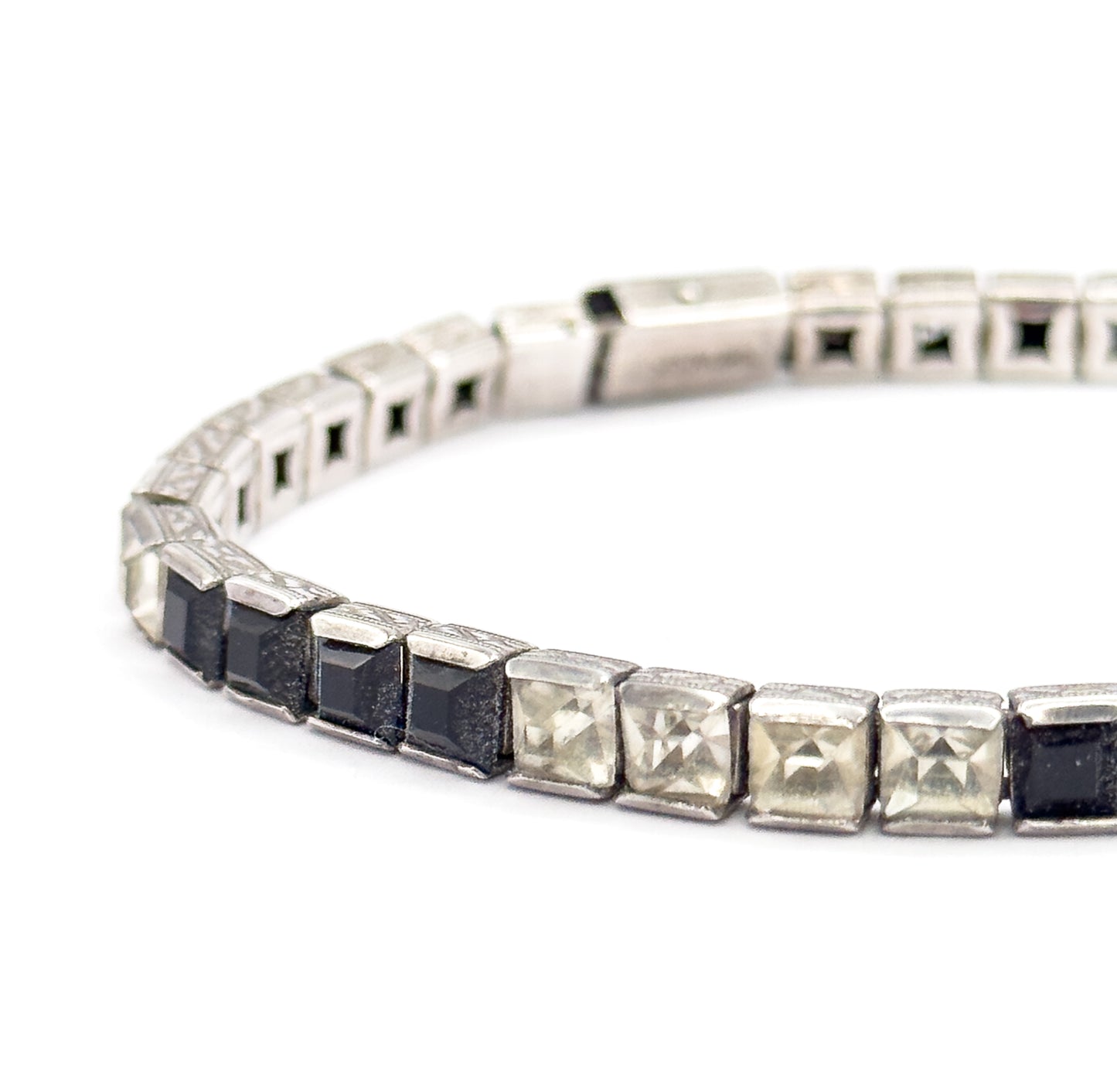 Art Deco Black & Colorless Paste Station Bracelet in Sterling Silver