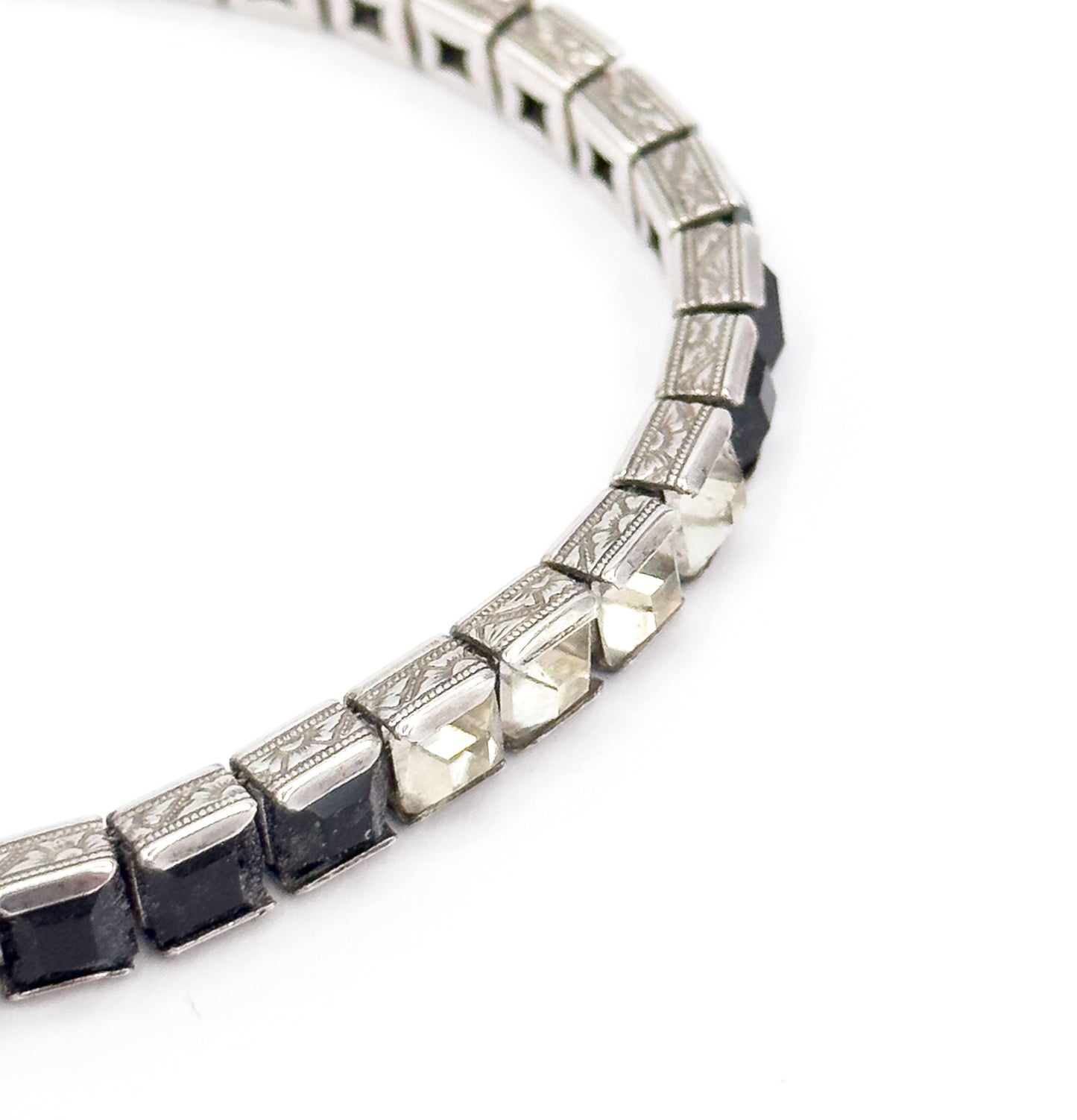 Art Deco Black & Colorless Paste Station Bracelet in Sterling Silver