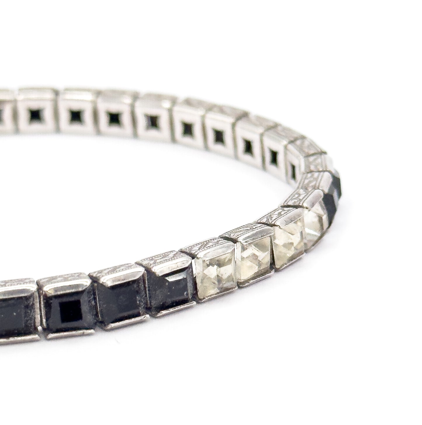 Art Deco Black & Colorless Paste Station Bracelet in Sterling Silver