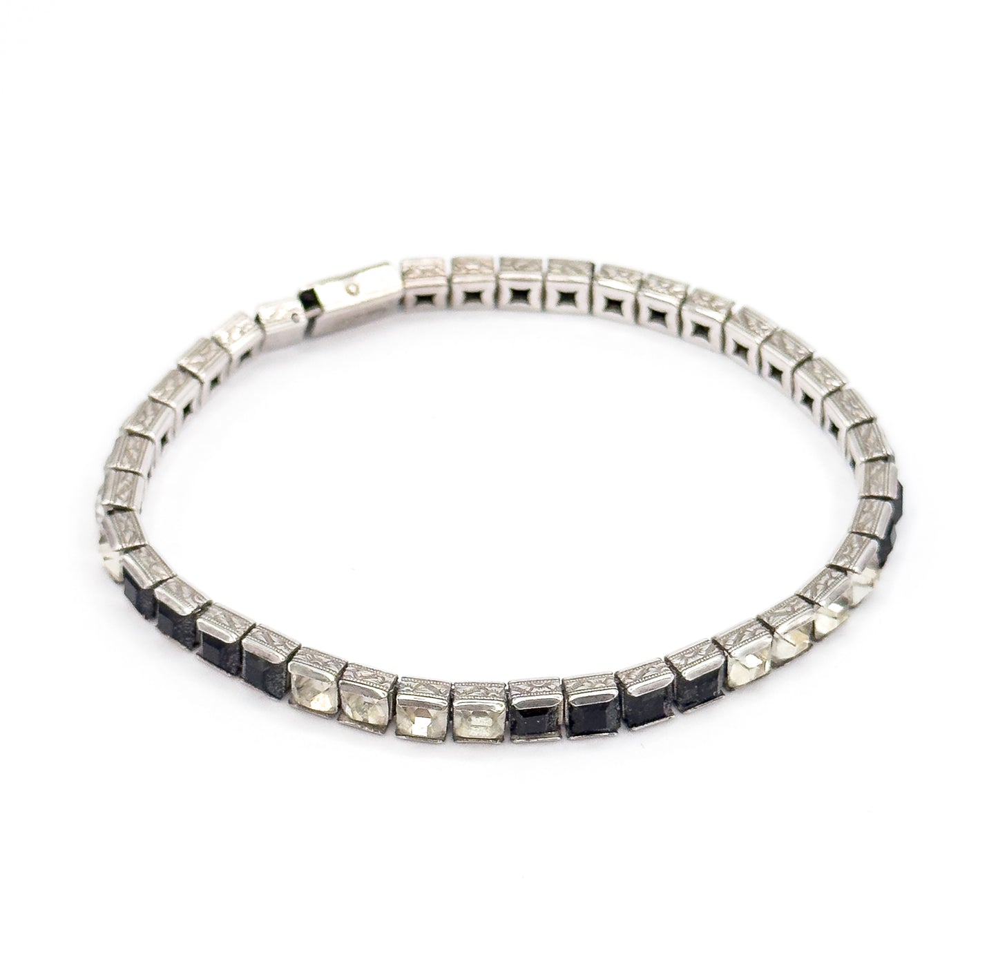 Art Deco Black & Colorless Paste Station Bracelet in Sterling Silver