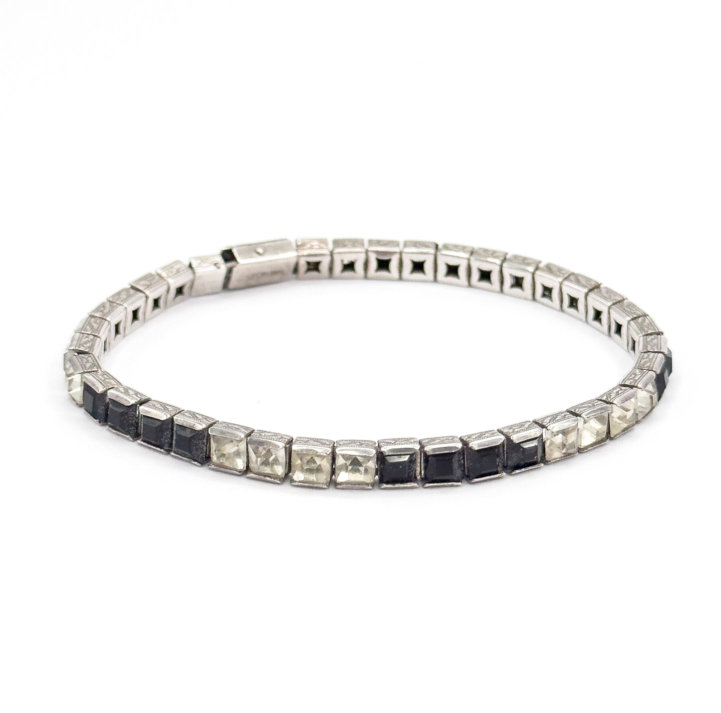 Art Deco Black & Colorless Paste Station Bracelet in Sterling Silver