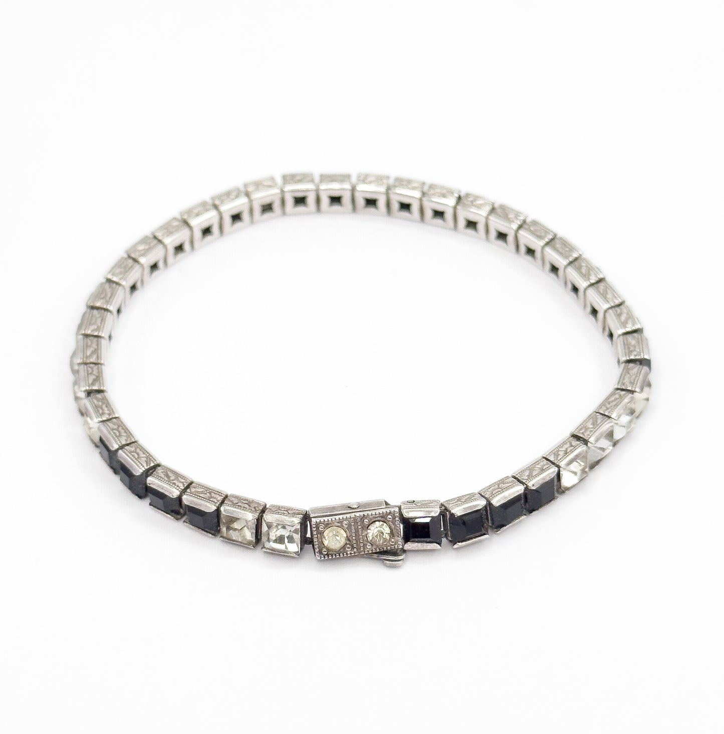 Art Deco Black & Colorless Paste Station Bracelet in Sterling Silver