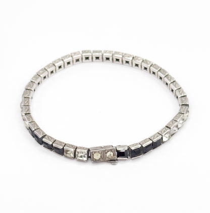 Art Deco Black & Colorless Paste Station Bracelet in Sterling Silver