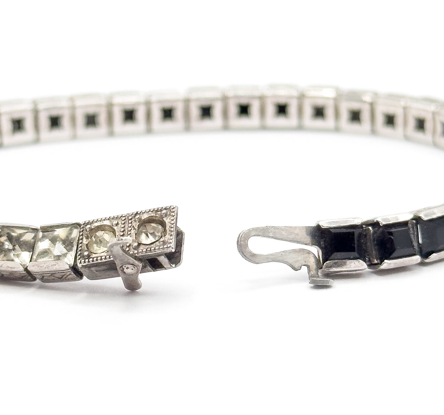 Art Deco Black & Colorless Paste Station Bracelet in Sterling Silver