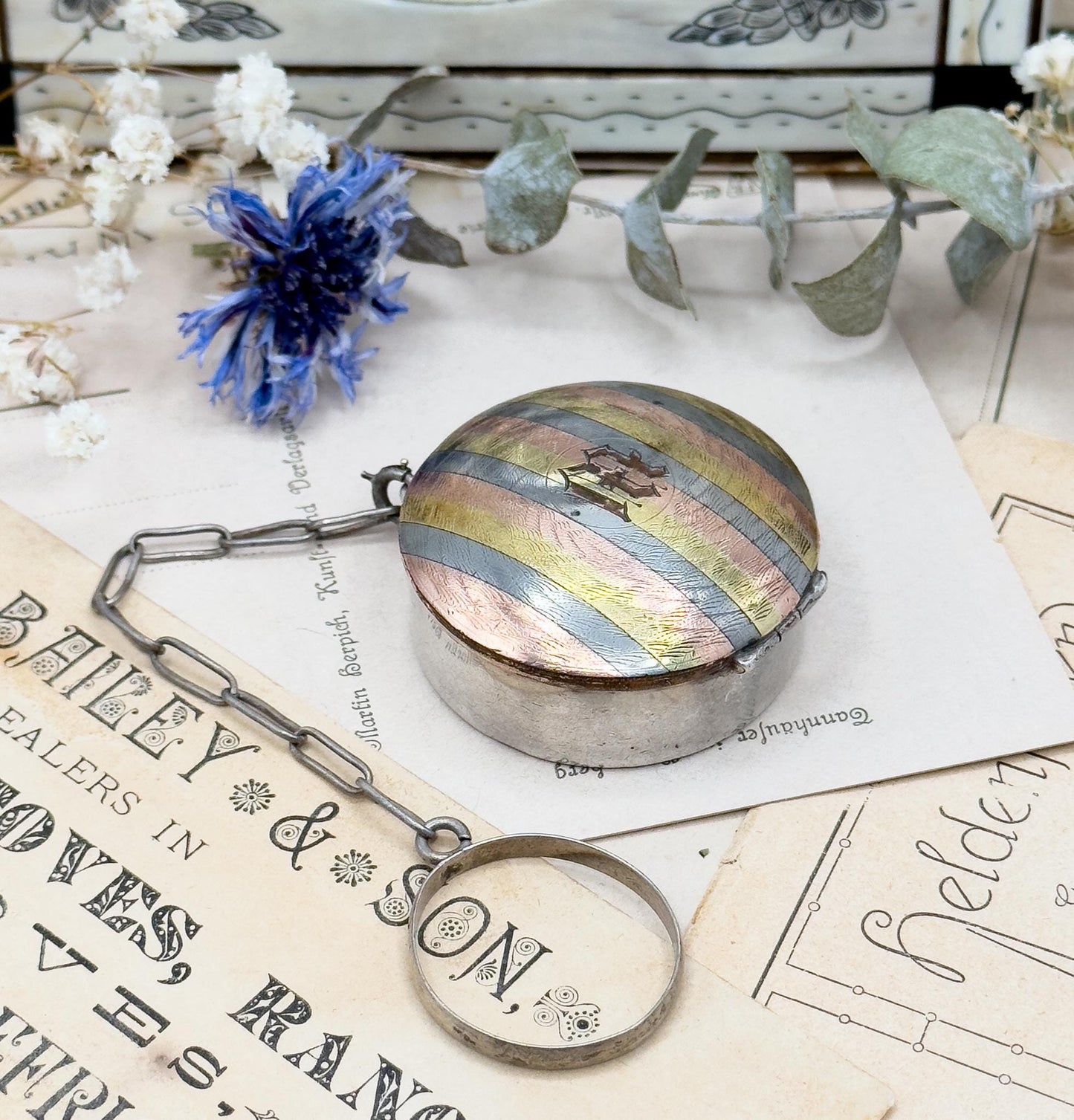 Antique Monogram M Chatelaine Compact Trinket Box in Sterling Silver Tri-tone gold