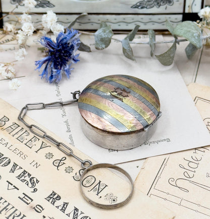 Antique Monogram M Chatelaine Compact Trinket Box in Sterling Silver Tri-tone gold