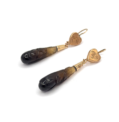 Victorian Carved Banded Agate Drop Earrings in 14K Rose Gold