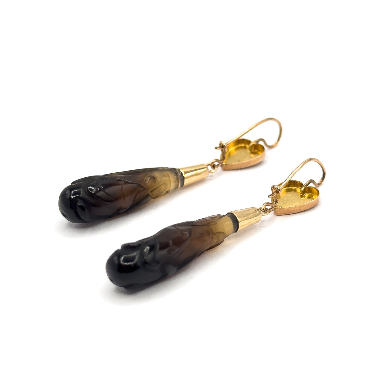 Victorian Carved Banded Agate Drop Earrings in 14K Rose Gold
