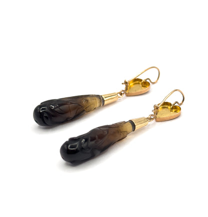 Victorian Carved Banded Agate Drop Earrings in 14K Rose Gold