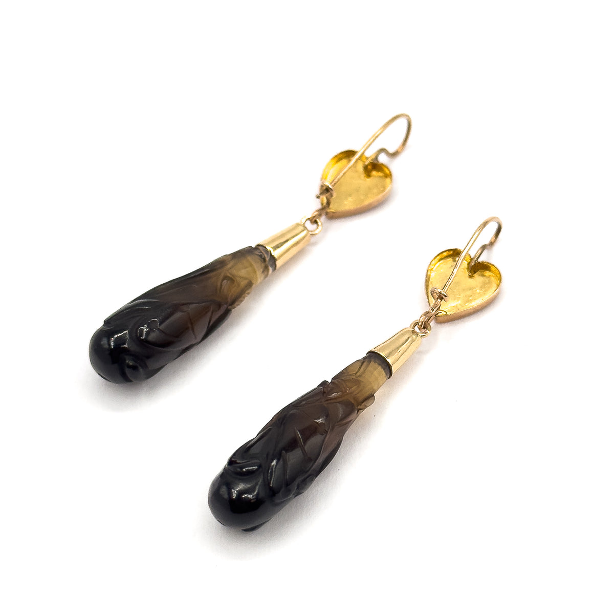 Victorian Carved Banded Agate Drop Earrings in 14K Rose Gold