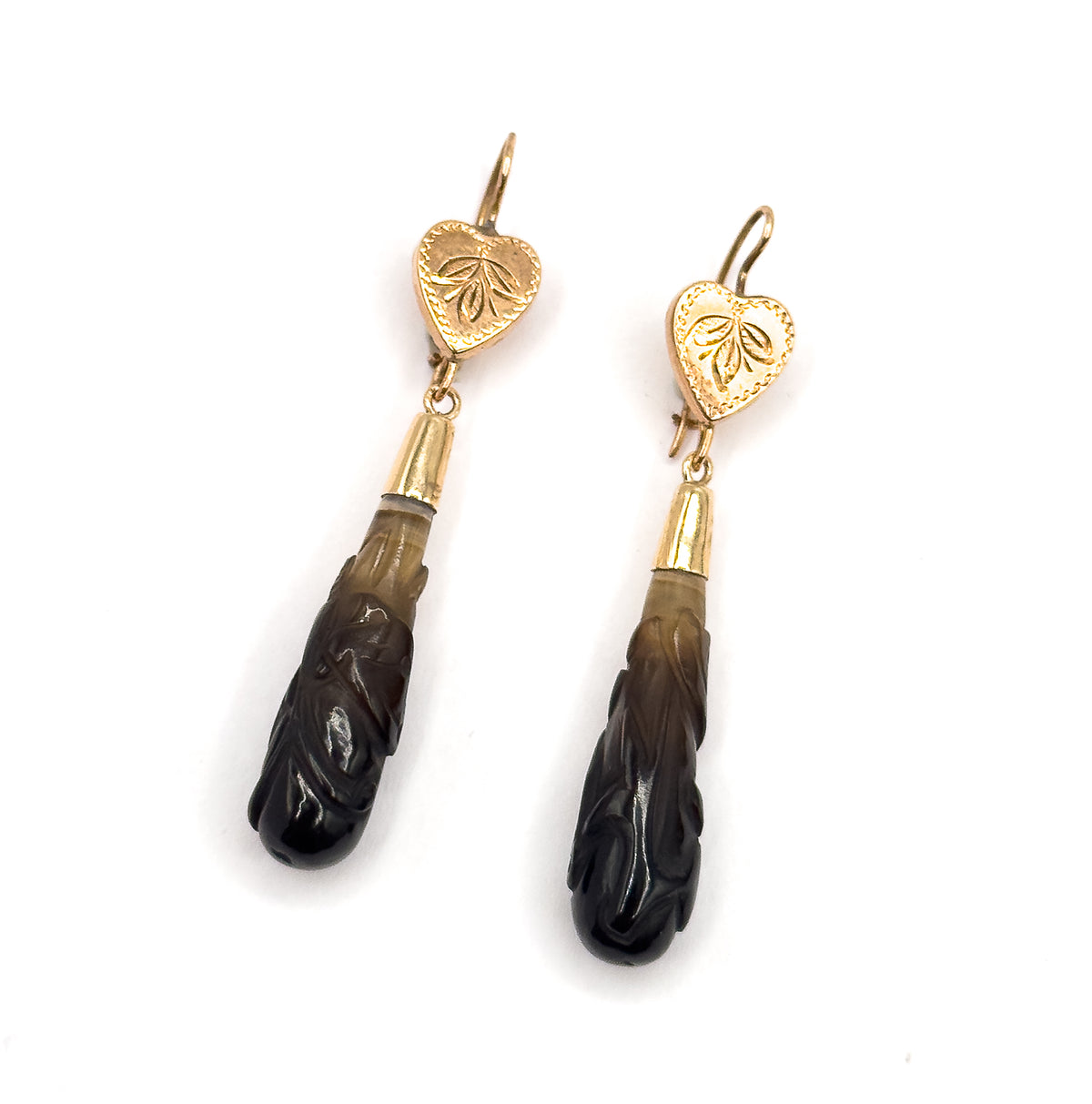 Victorian Carved Banded Agate Drop Earrings in 14K Rose Gold