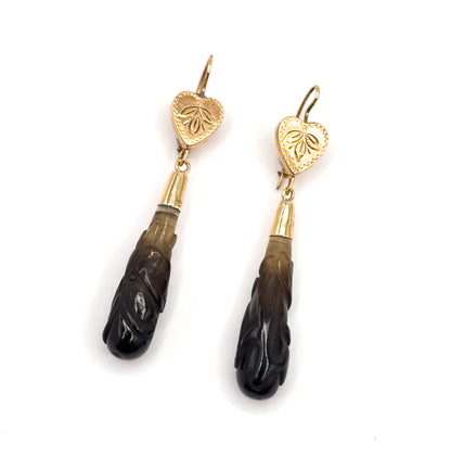 Victorian Carved Banded Agate Drop Earrings in 14K Rose Gold