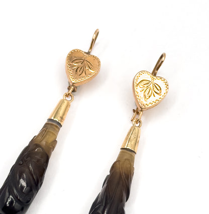 Victorian Carved Banded Agate Drop Earrings in 14K Rose Gold
