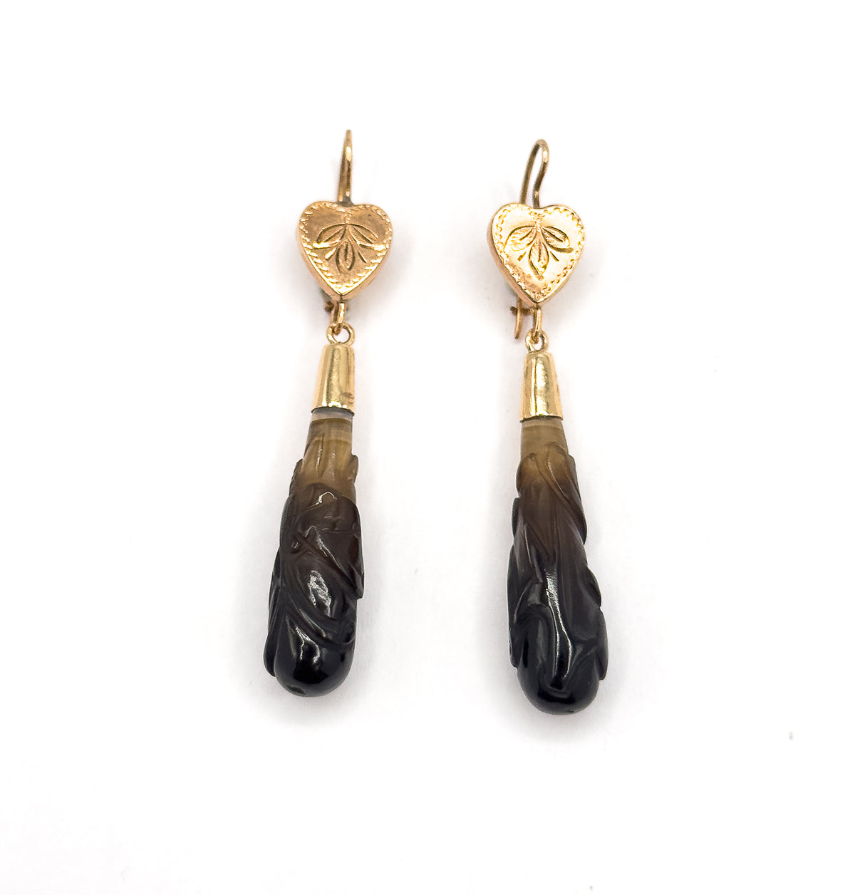 Victorian Carved Banded Agate Drop Earrings in 14K Rose Gold