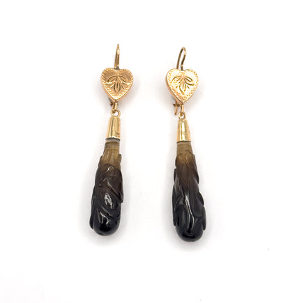 Victorian Carved Banded Agate Drop Earrings in 14K Rose Gold