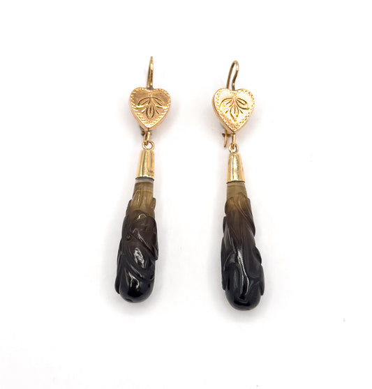 Victorian Carved Banded Agate Drop Earrings in 14K Rose Gold