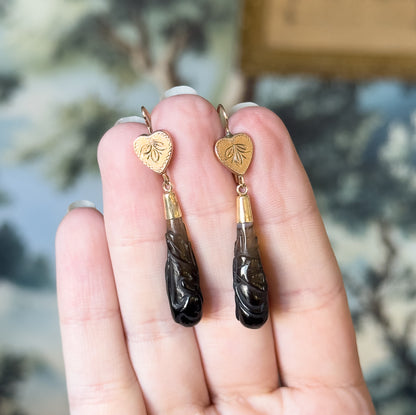 Victorian Carved Banded Agate Drop Earrings in 14K Rose Gold