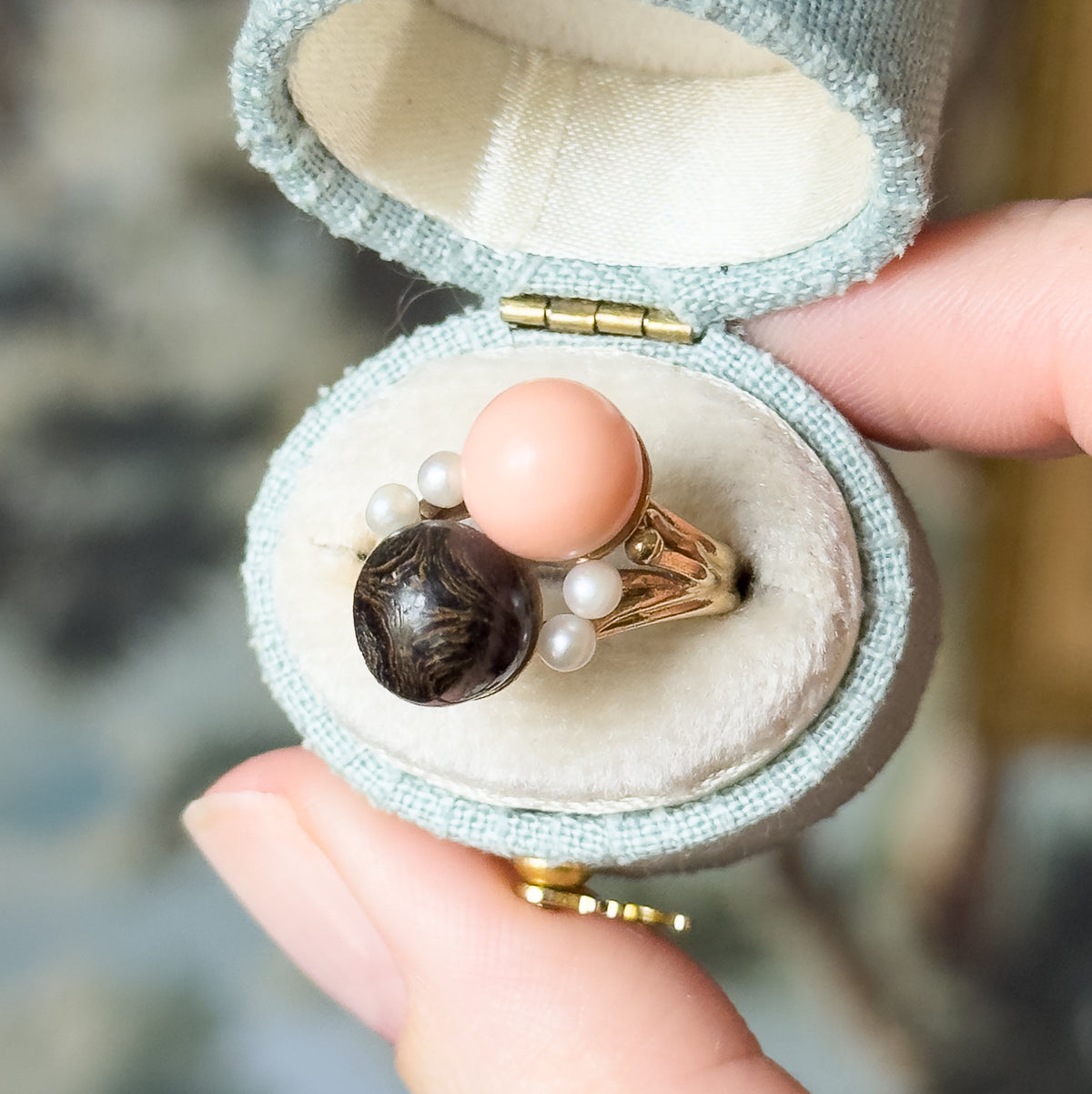 Mid-Century angel skin and black coral ring in 14K yellow gold, its two orbs and seed pearl accents facing up in a small pale blue ring box held between finger and thumb.