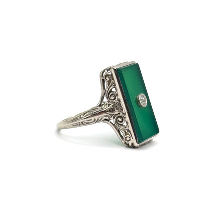 Art Deco Chrysoprase & Diamond Filigree Ring in White Gold