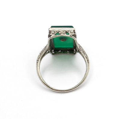 Art Deco Chrysoprase & Diamond Filigree Ring in White Gold
