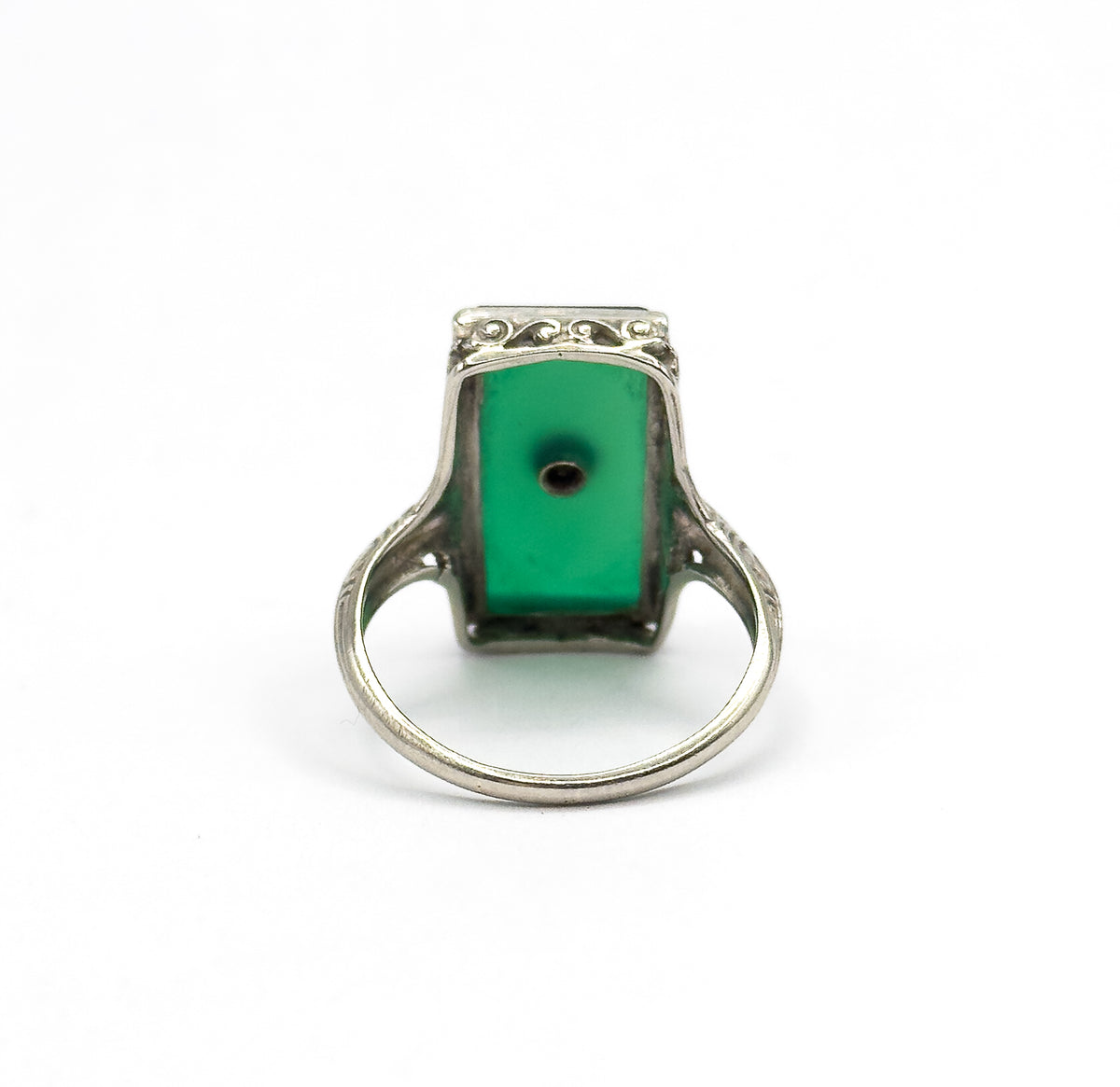 Art Deco Chrysoprase & Diamond Filigree Ring in White Gold