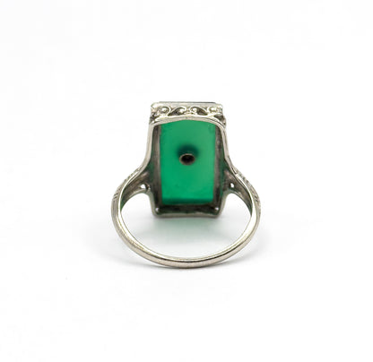 Art Deco Chrysoprase & Diamond Filigree Ring in White Gold