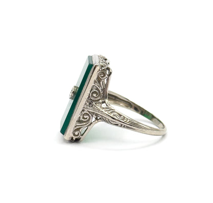 Art Deco Chrysoprase & Diamond Filigree Ring in White Gold
