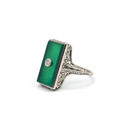 Art Deco Chrysoprase & Diamond Filigree Ring in White Gold