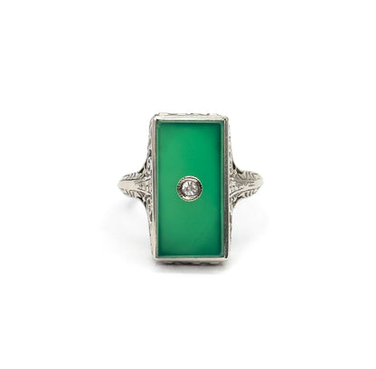 Art Deco Chrysoprase & Diamond Filigree Ring in White Gold