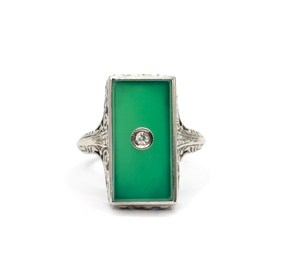 Art Deco Chrysoprase & Diamond Filigree Ring in White Gold