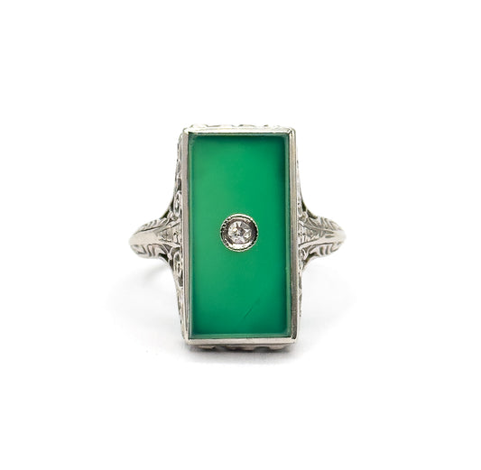 Art Deco Chrysoprase & Diamond Filigree Ring in White Gold