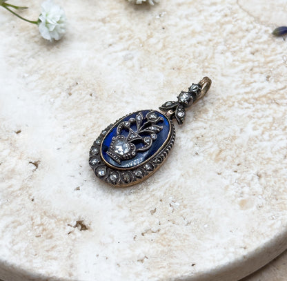 Georgian Giardinetti Pendant with Rose Cut Diamonds on Bristol Blue Glass Bague au Firmament